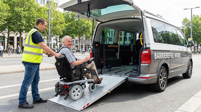 Ein moderner Kleinbus mit ausgefahrener Rampe am Heck. Ein Fahrer schiebt behutsam einen älteren Mann im Rollstuhl über die flache Rampe in das geräumige Fahrzeuginnere. Fokus auf Sicherheit und Barrierefreiheit, helles Tageslicht.