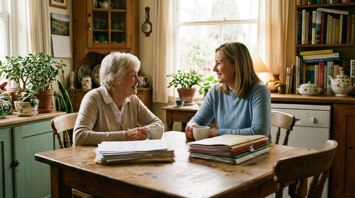 Eine ältere Dame und ihre Tochter sitzen entspannt an einem Holztisch bei einer Tasse Kaffee und lächeln sich beruhigt an. Auf dem Tisch liegen ordentlich sortierte Dokumente. Warme, häusliche Atmosphäre, weiches Licht.