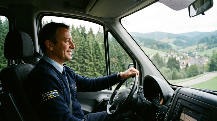 Ein freundlicher, uniformierter Fahrer sitzt am Steuer eines Kleinbusses und blickt aufmerksam und konzentriert durch die Windschutzscheibe auf die Straße. Im Hintergrund unscharf die vorbeiziehende Landschaft des Schwarzwalds.