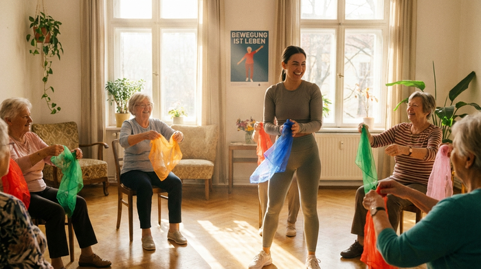 Eine Gruppe fröhlicher Senioren sitzt in einem Stuhlkreis in einem lichtdurchfluteten Raum. Sie machen leichte Gymnastikübungen mit bunten Tüchern, angeleitet von einer motivierten Betreuungskraft in bequemer Kleidung.