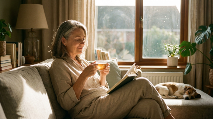 Eine entspannte Frau mittleren Alters sitzt mit einer Tasse Tee auf ihrem Sofa und liest ein Buch, während helles Sonnenlicht ins Wohnzimmer fällt. Sie wirkt erholt, ruhig und gelassen.