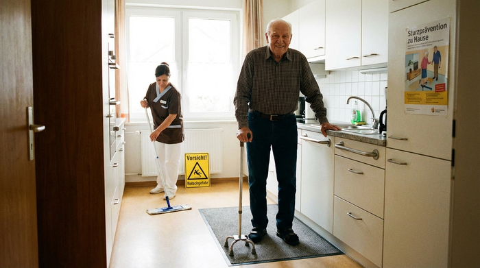 Ein älterer Herr mit Gehstock steht sicher in einer sauberen, aufgeräumten Küche, während eine engagierte Haushaltshilfe im Hintergrund den Boden wischt. Helles Tageslicht, ordentliche Umgebung, Fokus auf Sicherheit und Sturzprävention im Alter.
