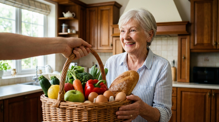 Eine helfende Hand reicht einer Seniorin einen Korb mit frischen Lebensmitteln. Im Hintergrund eine aufgeräumte, klassische Küche. Fokus auf frische Zutaten und die Erleichterung des Alltags ohne sichtbare Etiketten oder Schriftzüge.