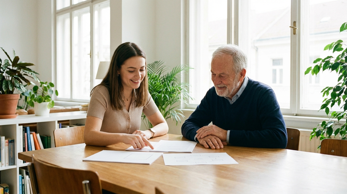 Zwei Personen, eine jüngere Beraterin und ein Senior, sitzen entspannt an einem Holztisch und schauen gemeinsam auf übersichtliche, unbeschriftete Dokumente. Freundliche Beratungssituation, helles Licht, positive und lösungsorientierte Stimmung.
