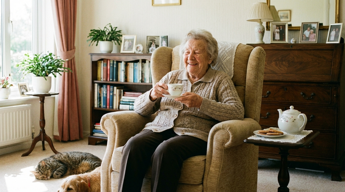 Eine ältere Dame sitzt glücklich und entspannt in einem bequemen Sessel in ihrem makellos sauberen Wohnzimmer und trinkt Tee. Eine aufgeräumte, friedliche Szene, die Unabhängigkeit und Lebensqualität im eigenen Zuhause ausstrahlt.