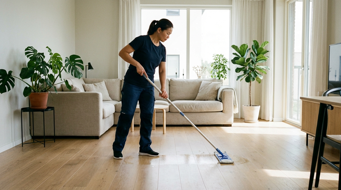 Eine gründliche Reinigungskraft wischt mit einem Mopp den hellen Holzboden in einem modernen, aufgeräumten Wohnzimmer. Im Hintergrund stehen gepflegte Zimmerpflanzen und ein gemütliches Sofa. Realistische Szene, helles Tageslicht.