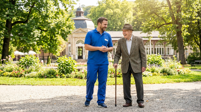Ein freundlicher Pfleger begleitet einen älteren Herrn mit Gehstock bei einem entspannten Spaziergang durch einen sonnigen, grünen Kurpark. Beide lachen und unterhalten sich. Klare, realistische Umgebung ohne Text.