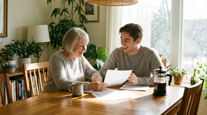 Eine ältere Frau und ein jüngerer Angehöriger sitzen am Esstisch und besprechen lächelnd Dokumente. Eine Kaffeetasse steht auf dem Tisch. Entspannte, positive Stimmung, helles Raumlicht.