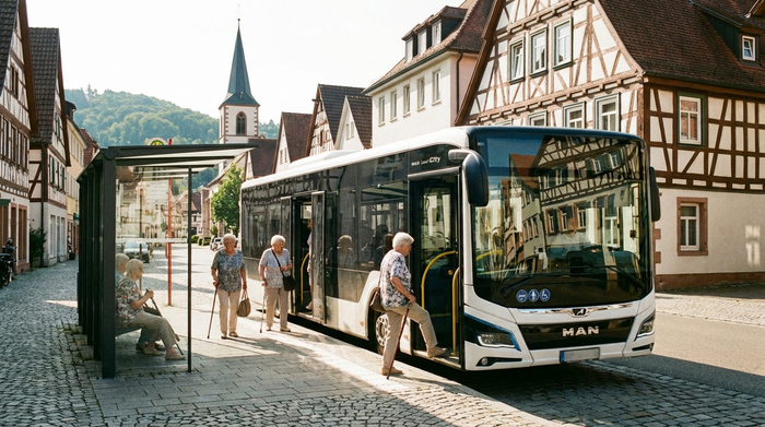 Ein moderner Linienbus hält an einer sauberen Haltestelle in einer charmanten süddeutschen Kleinstadt. Ältere Menschen steigen entspannt ein. Sonniges Wetter, realistische Stadtkulisse ohne lesbaren Text.