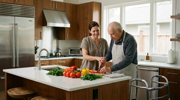 Eine aufmerksame Betreuerin hilft einem älteren Herrn beim gemeinsamen Kochen in einer sauberen, modernen Küche, frisches Gemüse liegt auf der Arbeitsplatte.