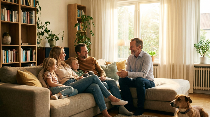 Ein kompetenter Berater sitzt mit einer Familie auf dem Sofa und führt ein harmonisches Gespräch, vertrauensvolle Atmosphäre, helles Tageslicht.