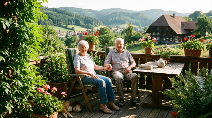 Ein älteres Ehepaar sitzt entspannt auf einer sonnigen Terrasse im Schwarzwald und genießt den Nachmittag, im Hintergrund üppige grüne Pflanzen.