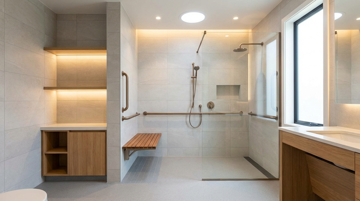 Ein modernes, barrierefreies Badezimmer mit einer ebenerdigen Dusche und eleganten Haltegriffen, hell erleuchtet und sicher gestaltet.