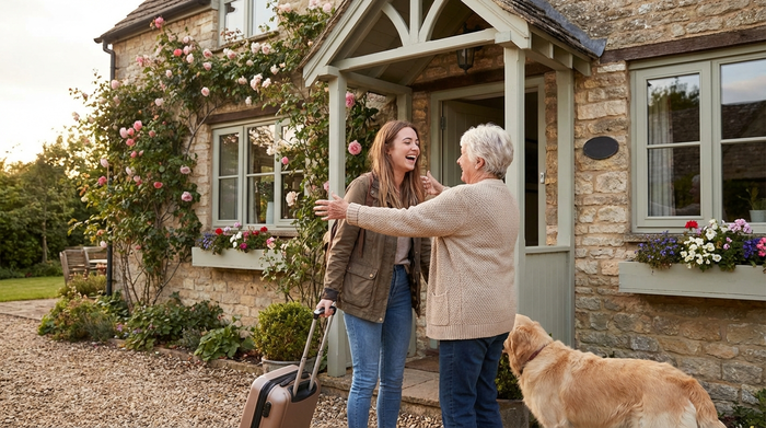 Eine freundliche junge Frau mit einem kleinen Rollkoffer wird von einer lächelnden älteren Dame an der Haustür eines gemütlichen Hauses herzlich begrüßt.