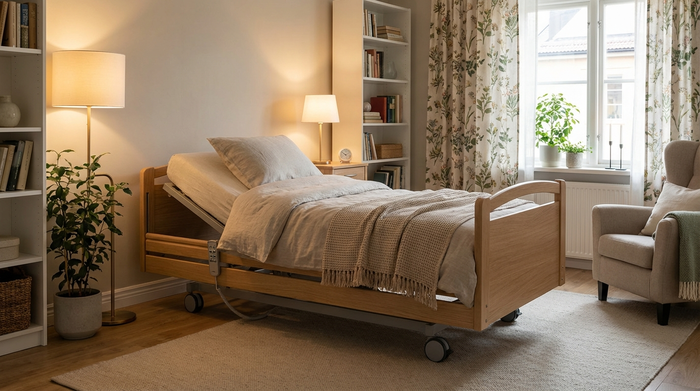Ein modernes, elektrisch verstellbares Pflegebett aus hellem Holz in einem gemütlichen, aufgeräumten Schlafzimmer mit floralen Vorhängen und sanfter Beleuchtung.
