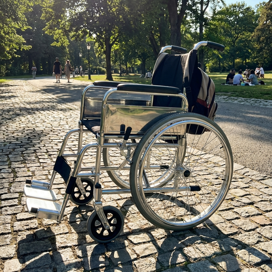 Ein leichter, faltbarer Rollstuhl aus silbernem Aluminium steht einsatzbereit auf einem gepflasterten Weg in einem sonnigen Park.