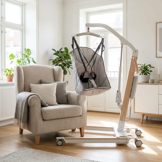 Ein moderner elektrischer Patientenlifter neben einem bequemen Sessel in einem sauberen, hellen Wohnzimmer, bereit für den sicheren Transfer.