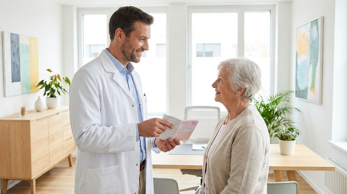 Ein freundlicher Arzt in weißem Kittel überreicht einer älteren Patientin in einer modernen, hellen Praxis ein Rezeptheft und lächelt beruhigend.