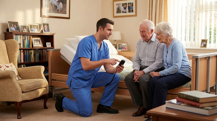Ein Techniker in sauberer blauer Arbeitskleidung erklärt einem älteren Ehepaar geduldig die Fernbedienung eines neuen Pflegebetts in deren Wohnzimmer.