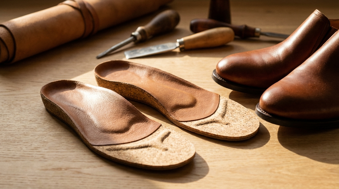 Nahaufnahme von hochwertigen orthopädischen Maßeinlagen aus Kork und Leder, die neben einem bequemen, eleganten Halbschuh auf einem hellen Holztisch liegen. Warme Beleuchtung, Fokus auf die ergonomische Form der Einlagen.