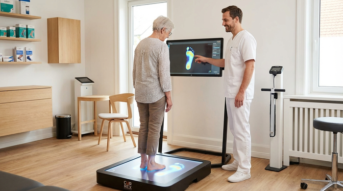 Ein moderner, sauberer Behandlungsraum in einem Sanitätshaus. Eine ältere Dame steht barfuß auf einer beleuchteten, digitalen 3D-Druckmessplatte, während ein freundlicher Orthopädietechniker in heller Arbeitskleidung die Daten an einem Bildschirm betrachtet. Realistische, professionelle Atmosphäre.