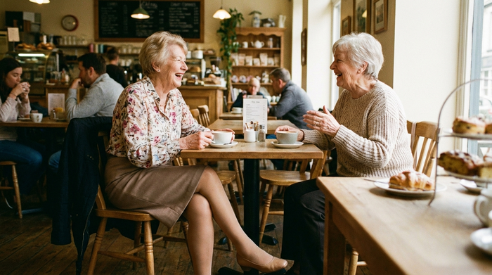 Zwei rüstige Seniorinnen sitzen fröhlich lachend in einem gemütlichen Café und trinken Kaffee. Eine der Damen trägt unauffällige, perfekt sitzende Kompressionsstrümpfe in einem eleganten Hautton unter ihrem Rock. Entspannte, alltägliche Szene.