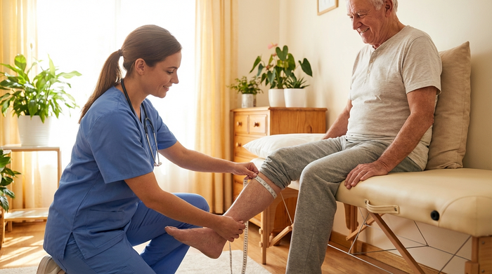 Eine medizinische Fachkraft misst morgens mit einem flexiblen Maßband sorgfältig den Beinumfang eines älteren Patienten. Der Patient sitzt entspannt auf einer bequemen Liege in einem hellen, freundlichen Raum. Fokus auf die professionelle und behutsame Vermessung.