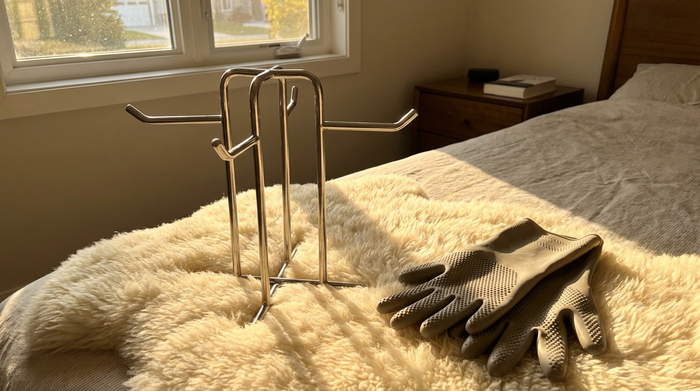 Ein praktisches Anziehgestell für Kompressionsstrümpfe aus glänzendem Metall steht bereit auf einem flauschigen Teppich im Schlafzimmer. Daneben liegen spezielle Gummihandschuhe mit Noppenprofil. Helles, morgendliches Sonnenlicht fällt durch das Fenster.