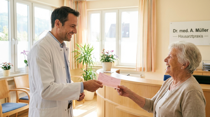 Eine ärztliche Praxis. Ein freundlicher Arzt in weißem Kittel überreicht einer lächelnden Seniorin ein rosafarbenes Rezeptdokument. Helle, saubere und vertrauensvolle Atmosphäre.