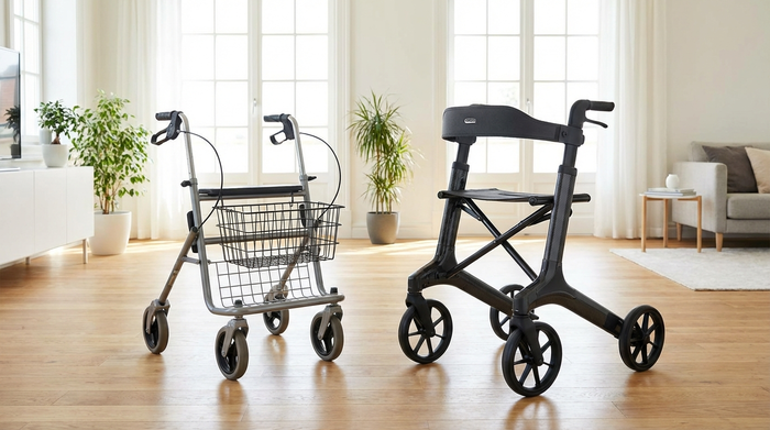 Zwei Rollatoren nebeneinander in einem hellen Raum. Einer ist ein einfaches Standardmodell aus Metall, der andere ein elegantes, modernes Leichtgewicht-Modell aus dunklem Carbon.