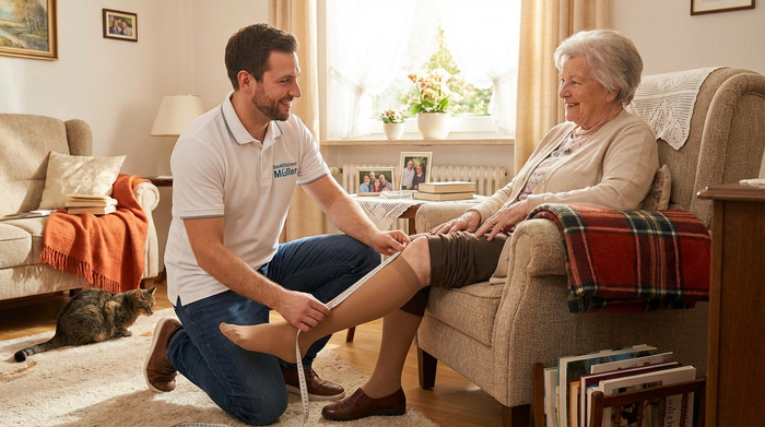 Ein freundlicher Sanitätshaus-Mitarbeiter kniet im Wohnzimmer einer älteren Dame und misst mit einem Maßband sorgfältig ihr Bein für Kompressionsstrümpfe aus. Gemütliche, häusliche Umgebung.
