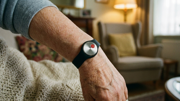 Nahaufnahme des Handgelenks einer Seniorin, die ein unauffälliges, modernes Hausnotruf-Armband mit einem roten Knopf trägt. Im Hintergrund eine unscharfe, gemütliche Wohnzimmerkulisse.