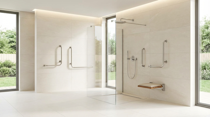 Ein modernes, hell gefliestes Badezimmer mit einer komplett bodengleichen Dusche, eleganten Haltegriffen an der Wand und einem klappbaren, komfortablen Duschsitz.