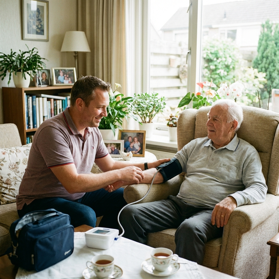 Ein männlicher Pfleger misst den Blutdruck eines älteren Herrn im Wohnzimmer. Beide wirken entspannt. Helle, freundliche Atmosphäre, medizinische Grundversorgung zu Hause.