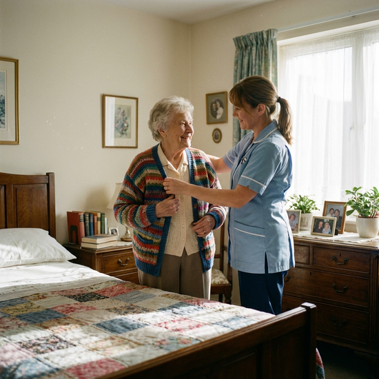 Eine ältere Dame wird von einer Pflegekraft liebevoll beim Anziehen einer Strickjacke unterstützt. Gemütliches Schlafzimmer, sanftes Morgenlicht.