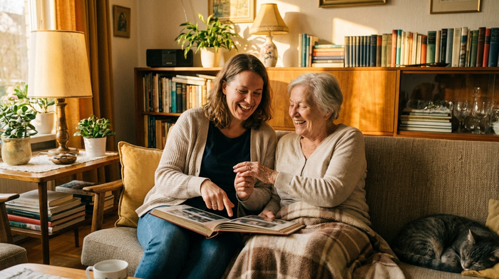 Eine erwachsene Tochter sitzt mit ihrer pflegebedürftigen Mutter auf dem Sofa und blättert lachend in einem Fotoalbum. Harmonische Familienpflege-Szene, warmes Licht im Wohnzimmer.