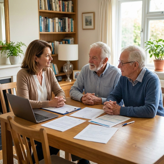 Eine professionelle Pflegeberaterin im Gespräch mit einem älteren Ehepaar am Esstisch. Dokumente liegen auf dem Tisch, seriöse und vertrauensvolle Beratungssituation.