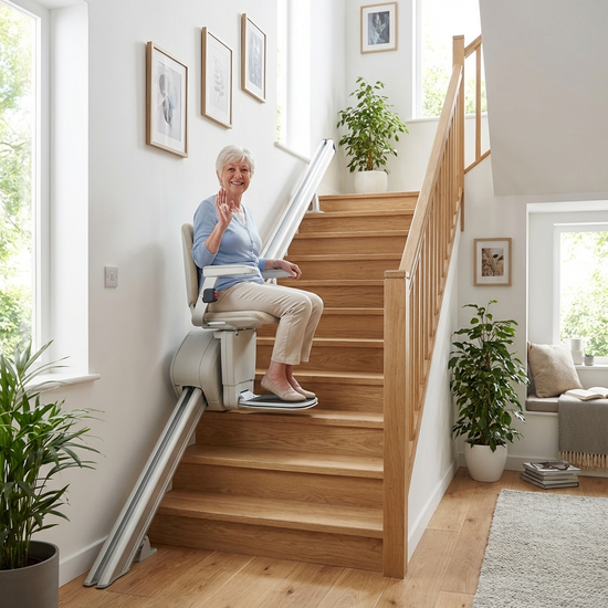Ein moderner Treppenlift in einem gepflegten Einfamilienhaus, auf dem eine lächelnde Seniorin sicher nach oben fährt. Helles Treppenhaus, keine Schriftzüge.