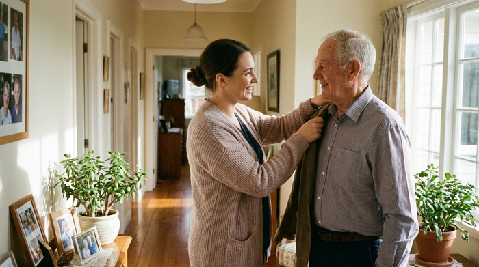 Eine freundliche Pflegekraft hilft einem älteren Herrn behutsam beim Anziehen einer Jacke im hellen Flur. Beide wirken entspannt und zufrieden. Warme, häusliche Umgebung, realistische Szene ohne Schriftzüge.