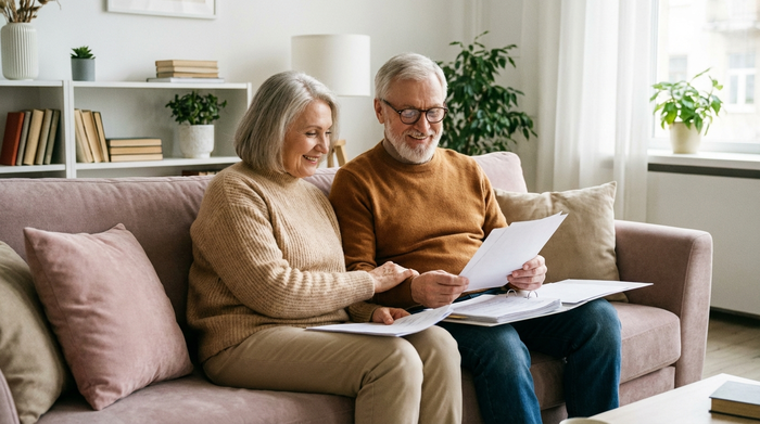 Ein älteres Ehepaar sitzt entspannt auf dem Sofa und blättert gemeinsam durch Dokumente. Die Szene wirkt beruhigend, gut organisiert und positiv. Sanftes Tageslicht im Wohnzimmer.