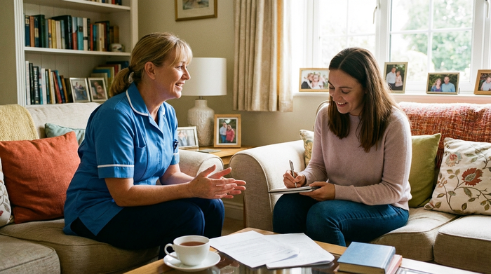Eine Pflegekraft im Gespräch mit einer erwachsenen Tochter im Wohnzimmer. Die Tochter macht sich aufmerksam Notizen. Offene, professionelle und vertrauensvolle Gesprächsatmosphäre.