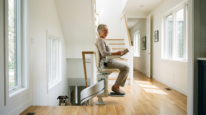 Ein moderner Treppenlift in einem gepflegten, hellen Einfamilienhaus. Eine ältere Dame fährt lächelnd und sicher die Treppe hinauf. Hochwertige, realistische Darstellung in sauberer Umgebung.