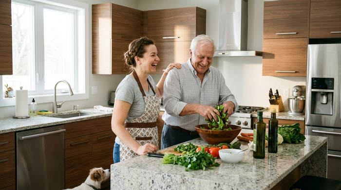 Eine fürsorgliche osteuropäische Betreuerin und ein älterer Herr bereiten gemeinsam in einer modernen, sauberen Küche einen frischen Salat zu. Beide lachen und wirken sehr vertraut.