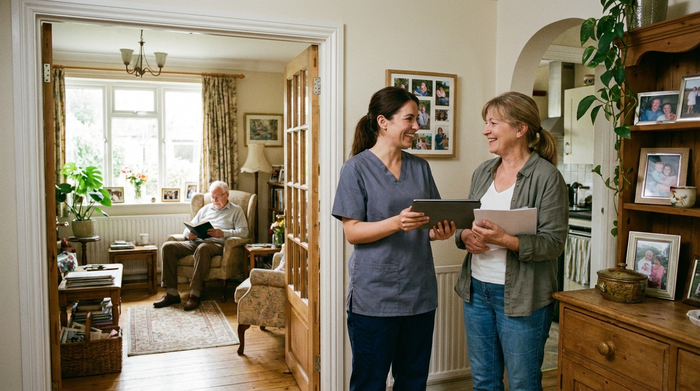 Eine Pflegefachkraft und eine häusliche Betreuerin besprechen sich freundlich lächelnd im Flur eines gemütlichen Einfamilienhauses, während im Hintergrund der Senior zufrieden im Wohnzimmer liest.