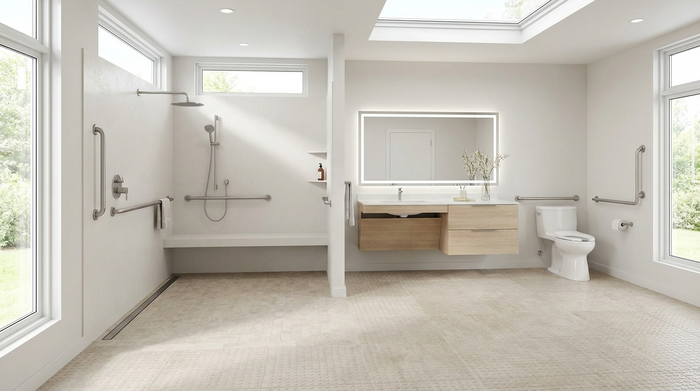 Ein modernes, helles und barrierefreies Badezimmer mit einer großzügigen, bodengleichen Dusche, eleganten Haltegriffen und rutschfesten Fliesen. Die Einrichtung ist stilvoll und sicher.