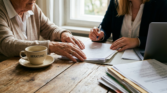 Eine detaillierte Nahaufnahme von Händen einer älteren Person und einer jüngeren Beraterin, die gemeinsam auf einem Holztisch Dokumente sortieren. Eine Kaffeetasse steht daneben. Vertrauensvolle und professionelle Beratungssituation, helles Licht.