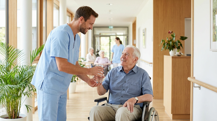 Ein freundlicher männlicher Pfleger in hellblauer Berufskleidung reicht einem älteren Herrn im Rollstuhl ein Glas Wasser. Beide lächeln sich an. Heller Flur einer modernen Pflegeeinrichtung, harmonisches Miteinander.