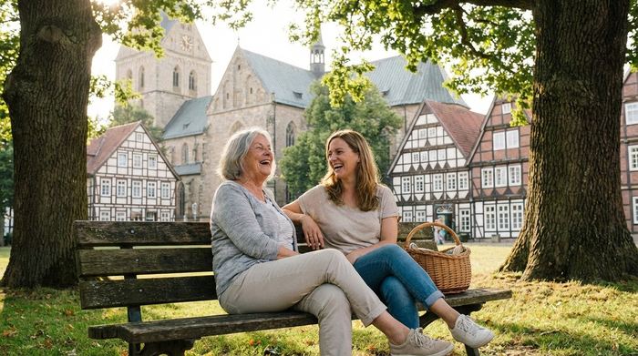 Eine ältere Dame sitzt auf einer gemütlichen Parkbank in Minden und unterhält sich angeregt mit ihrer Tochter. Im Hintergrund historische Gebäude und alte Bäume. Entspannte, sorgenfreie Stimmung an einem sonnigen Tag.