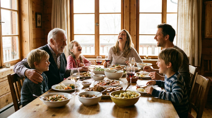 Eine glückliche Familie aus drei Generationen sitzt gemeinsam an einem großen Esstisch beim Mittagessen. Großeltern, Eltern und Enkel lachen zusammen. Warme, familiäre und unbeschwerte Atmosphäre, gut ausgeleuchtet.