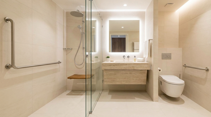 Ein modern renoviertes, barrierefreies Badezimmer mit einer großzügigen, bodengleichen Dusche und eleganten Haltegriffen. Helle Fliesen, stilvolle Einrichtung, sauber und sicher für Senioren. Hochwertige Innenarchitektur.